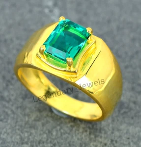 18K Solid Yellow Gold with Emerald Gemstone Handmade Ring for Men's Gift for Him - Picture 1 of 3