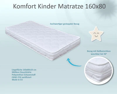 BABY-DELUX Kindermatratze Matratze 160x80x10 Schaumstoff Bezug Weiß gesteppt