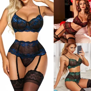 Mujeres Sexy Conjunto de Lencería Bodydoll de Encaje con Liguero Sujetador y Panty Conjunto de 3 Piezas - Imagen 1 de 34