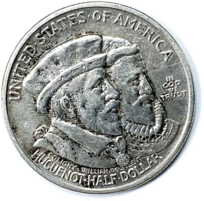 1924 50c Huguenot Commemorative Silver Half Dollar Rare - Image 1 of 2