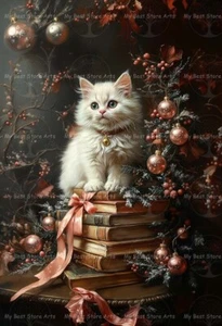NIEDLICHER URLAUBSKATZE KUNSTDRUCK, Weihnachten Tier Dekor, Bibliothek Kätzchen Poster E722 - Bild 1 von 3