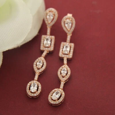 1.50 Ct Simulated Diamond Rose Gold Plated Halo Dangle Drop Earrings For Women's - Image 1 of 4