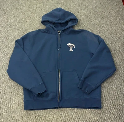 Stussy World Tour Zip Hoodie Mens XL Blue Sweatshirt - Image 1 of 4