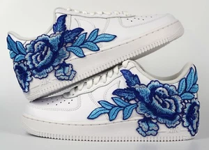 Nike Air Force 1 Custom Shoes Blue Rose Low Medium Flower Floral Mens Womens - Picture 1 of 12
