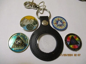 Key Chain Coin Chip Holder Black Gold 12 Step Medallions to 34mm - Picture 1 of 22