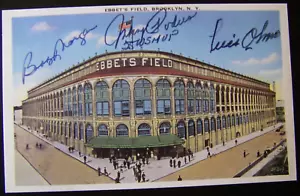 Johnny Podres, Bobby Morgan, Luis Olmo signed Ebbet's Field Postcard ACE COA - Picture 1 of 4