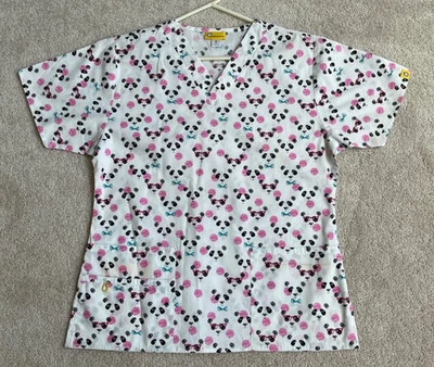 M WonderWink Women's White Hidden Panda Faces w/ Fuchsia and Teal Scrub Top - Image 1 of 4