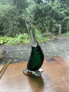 Vintage Murano Green & Fleck Art Glass Duck Figurine Clear Head READ - Picture 1 of 12