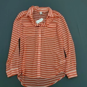 Old Navy Blouse Womens XS Long Sleeve Collar Button Up V Neck Sheer Stripe Pink - Picture 1 of 16