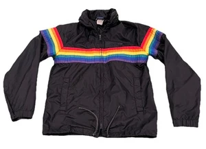 OP Ocean Pacific Rainbow Stripe black Windbreaker Jacket Men's Vintage Nylon - Picture 1 of 7