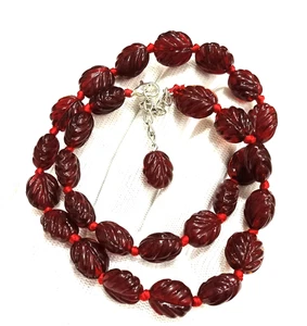Hand Knotted Red Garnet Necklace, Oval Carved Beads, Statement Necklace - 17" - Picture 1 of 5