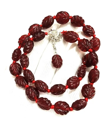 Hand Knotted Red Garnet Necklace, Oval Carved Beads, Statement Necklace - 17" - Image 1 of 4