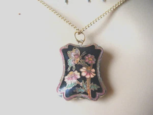 Antik Halskette Anhänger Deko Cloisonne Emaille Wende Gänseblümchen Schmetterling China - Bild 1 von 6