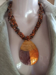 Coconut Shell Artwork Overlay Pendant With Seed Beaded Boho Statement Necklace - Picture 1 of 8