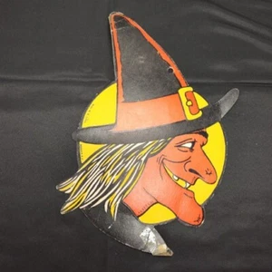 Vintage Halloween Witch Moon Die Cut Cardboard H E Luhrs Copr. Black Orange Hat - Picture 1 of 10