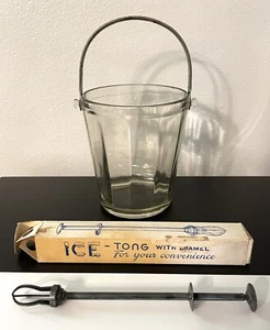 VTG Clear Glass 6" Ice Bucket Chrome Handle Norwegian Silver Plate Ice Tong, Box - Picture 1 of 8