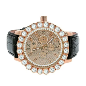 Men's Solitaire Bezel Real Diamond Dial Rose Gold Real Leather Band Watch W/Date - Picture 1 of 2