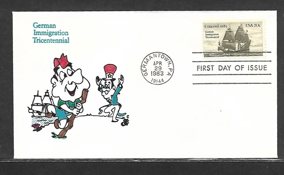USA 1983 HAND PAINTED GERMAN IMMIGRATION RICHARD ELLIS ANIMATED FDC + CACHET - Image 1 of 1
