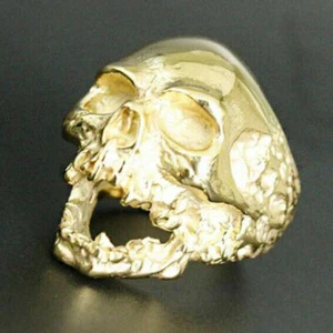 Herren Hip Hop/Punk Mode Gold Totenkopf Kopf Titan Edelstahl Ring 12,5 - Bild 1 von 3