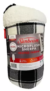 Sunbeam Microplush Sherpa Heated Throw Blk/White BUFFALO PLAID 50" x 60" Softest - Picture 1 of 5