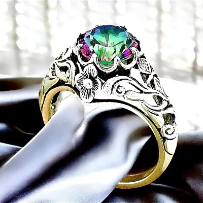 ANTIQUE STYLE SCOTTISH THISTLE RAINBOW MYSTIC QUARTZ 925 SOLID SILVER RING  #768 - Image 1 of 3