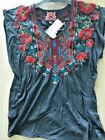 Johnny Was ORNELLA Grey Black Scoop Top Flower Embroidery Blouse Shirt New XS