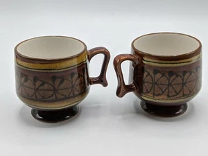 Vintage MCM Coffee Mugs 2 Ceramic Glossy Brown Glaze Footed Pedestal Retro Boho - Picture 1 of 6