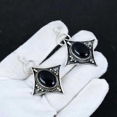Bellissimi Orecchini In Argento Sterling 925 Fatti A Mano In Onice Nero Regalo - Immagine 1 di 4