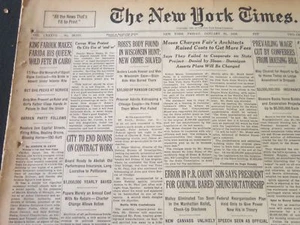 21 de enero 1938 New York Times - el rey Farouk hace de Farida su reina - NT 6276 - Imagen 1 de 2