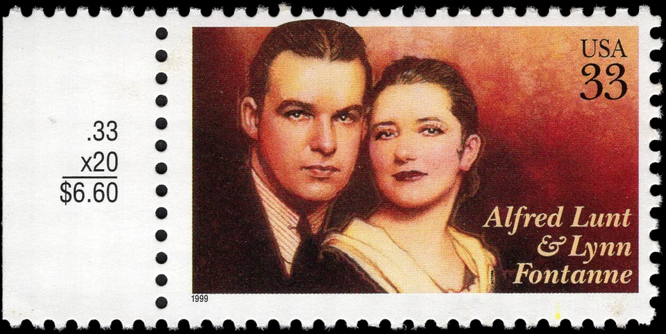 US Scott # 3287, Alfred Hunt & Lynn Fontanne : Actors, 1999 33¢ Stamp, MNH - Image 1 of 1