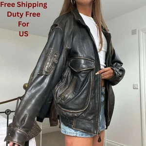 Chaqueta de cuero de gran tamaño militar marrón oscuro envejecido A2 vintage años 90 para mujer - Imagen 1 de 8