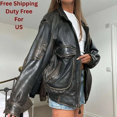 90s Vintage A2 Distressed Dark Brown Military Womens Oversize Leather Jacket - Image 1 of 4