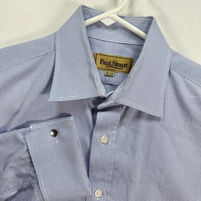 Paul Stuart Dress Shirt Mens 16.5/34 Blue Micro Check French Cuff Spread Collar - Image 1 of 4