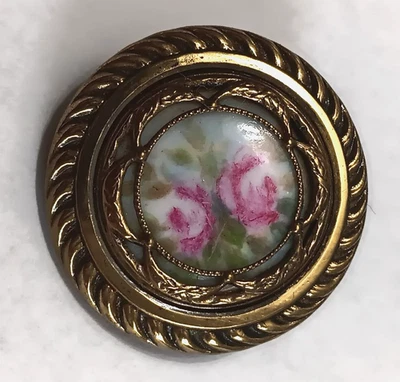 Vintage Rose Button, Painted Enamel in Open Work Brass w/Rope  Border 1-1/4" - Image 1 of 4