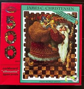 James C. Christensen OLDE WORLD SANTA Korkbrett Silhouette 500 Teile Puzzle 1999 - Bild 1 von 5