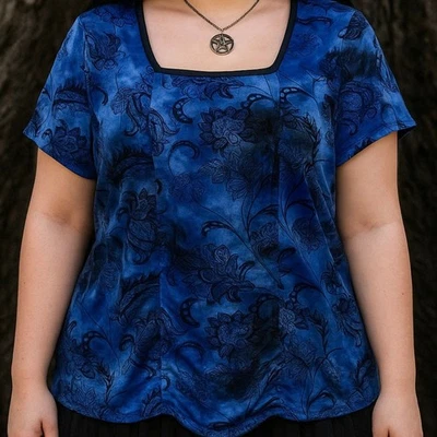 Y2K Ruched Square Neck Mesh T-Shirt Blue Tie Dye Burnout Velvet Paisley 1X - Image 1 of 4