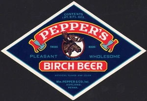 Vintage Soda Pop Botella Etiqueta PEPPERS CERVEZA ABEDUL Alce Foto Ashland PA N-Como Nuevo+ - Imagen 1 de 2
