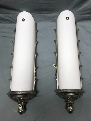 VTG Pair Chrome Brass Murray Hill Wall Sconce Milk Glass Light Fixtures 1908-22B Cover