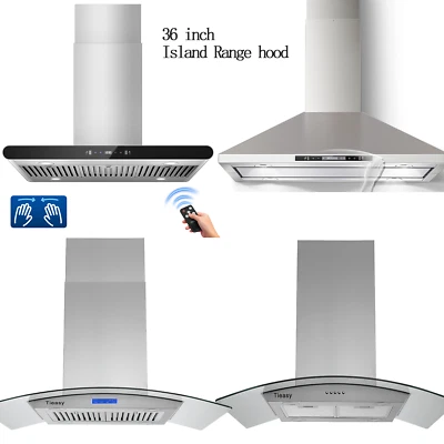 TIEASY 36 inch Island Mount Range Hood 900CFM Black/Sliver Vent Tempered Glass w/LEDs