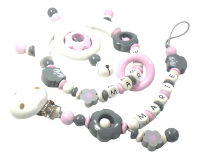 HANDGEFERTIGT Schnullerkette mit Namen und Greifring im Set Eule Blume Mädchen