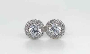 14K White Gold Round Halo Cubic Zirconia Stud Push Back Earrings Love Gift - Picture 1 of 27