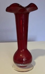 Vintage Ruby Red Art Glass Blown Glass Crackle Bottom Bud Vase Flower 7.75” - Picture 1 of 14