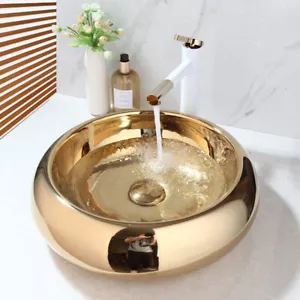 18" Gold Round Bathroom Ceramic Vessel Sink Basin Bowl White Mixer Tap Drain Set - Bild 1 von 9