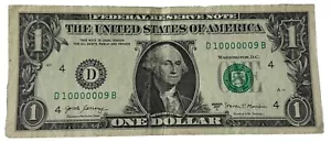 Super Rare Fancy Serial Number 2017 $1.00 Bill 100000009 - Picture 1 of 2