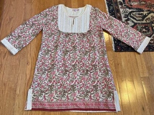 Calypso St Barth Beaded Tunic Floral bib button MEDIUM M 100% cotton flowers - Picture 1 of 7