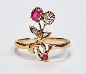 Antique Flower Motif Created Ruby & Rose Cut Diamond Ring 14K Gold - Picture 1 of 8