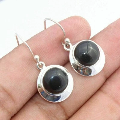 Onice Nera Rotondo Gemma 925 Argento Sterling Pendente & Orecchino Regalo per - Immagine 1 di 3