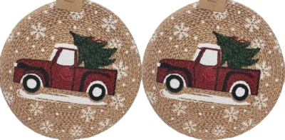 HOME CONCEPTS OF NIDICO Set of 2 Round Braided Cotton Placemats,15"TRUCK W/CHRISTMAS TREE &SNOWFLAKES,HC