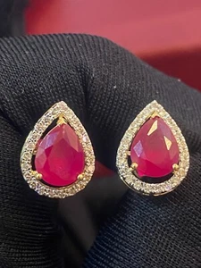 Pave 4.17 Cts Round Brilliant Cut Natural Diamonds Ruby Stud Earrings 18K Gold - Picture 1 of 12