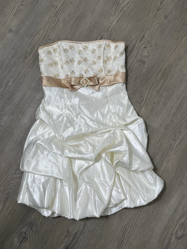 Jessica McClintock Gunne Sax 奶油和金色连衣裙女式 3 码美国制造 — 第 1/4 张图片